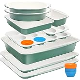 Ymiton Ceramic Nonstick Baking Pans Set, Non Toxic 33 PCS Stackable Bakeware Sets, 550&deg;F Oven Safe Baking Sheet &amp; Pans, Warp-Free, Dishwasher Safe, PTFE/PFOA/PFOS-Free (Green)