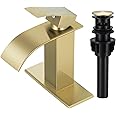 Qomolangma Waterfall Bathroom Faucet, Brushed Gold Modern Single Handle Bathroom Faucets for 1 or 3 Hole Bathroom Sink Faucet Mixer Tap Washbasin Faucet with Deck, Pop-up Drain and Supply Hoses
