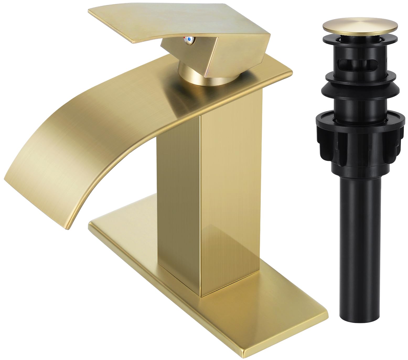 Photo 1 of Qomolangma Waterfall Bathroom Faucet, Brushed Gold Modern Single Handle Bathroom Faucets for 1 or 3 Hole Bathroom Sink Faucet Mixer Tap Washbasin Faucet with Deck, Pop-up Drain and Supply Hoses