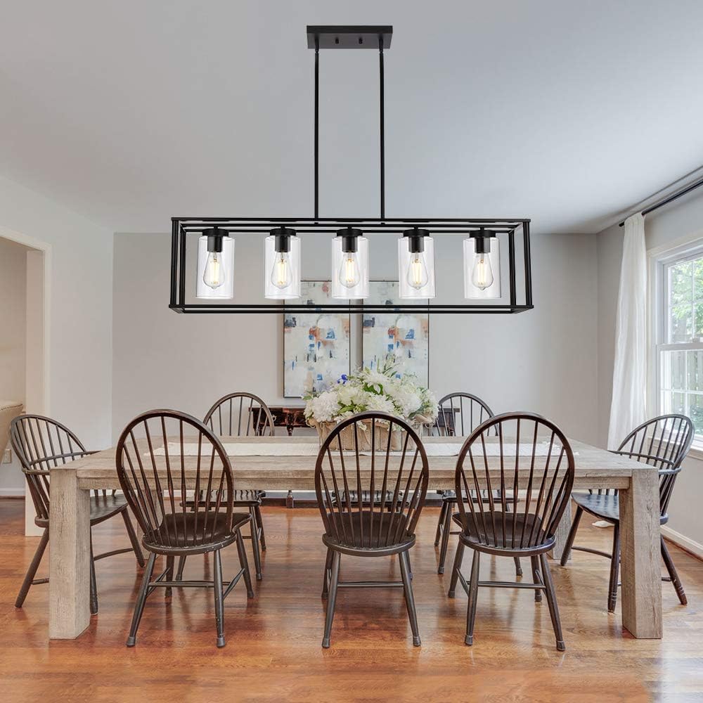 VINLUZ Farmhouse Chandeliers Rectangle Black 5 Light Dining Room Lighting Fixtures Hanging, Kitchen Island Cage Pendant Lights Contemporary Modern Ceiling Light with Glass Shade Adjustable Rods - - 