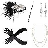 1920s Dresses for Women,Roaring 20s Outfit with Accessories Set for Wedding,Black Flapper Headbands with Pearl Necklace.