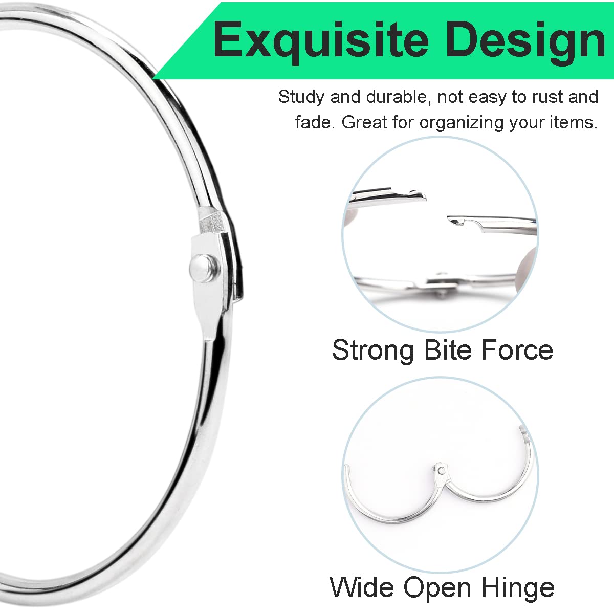 CooBigo Loose Leaf Binder Rings 1 Inch Metal Book Ring Clip for Index Card, Flashcard, Shower Curtain, DMC Embroidery Floss Organizer, Key Chain - Silver(50 Pack)