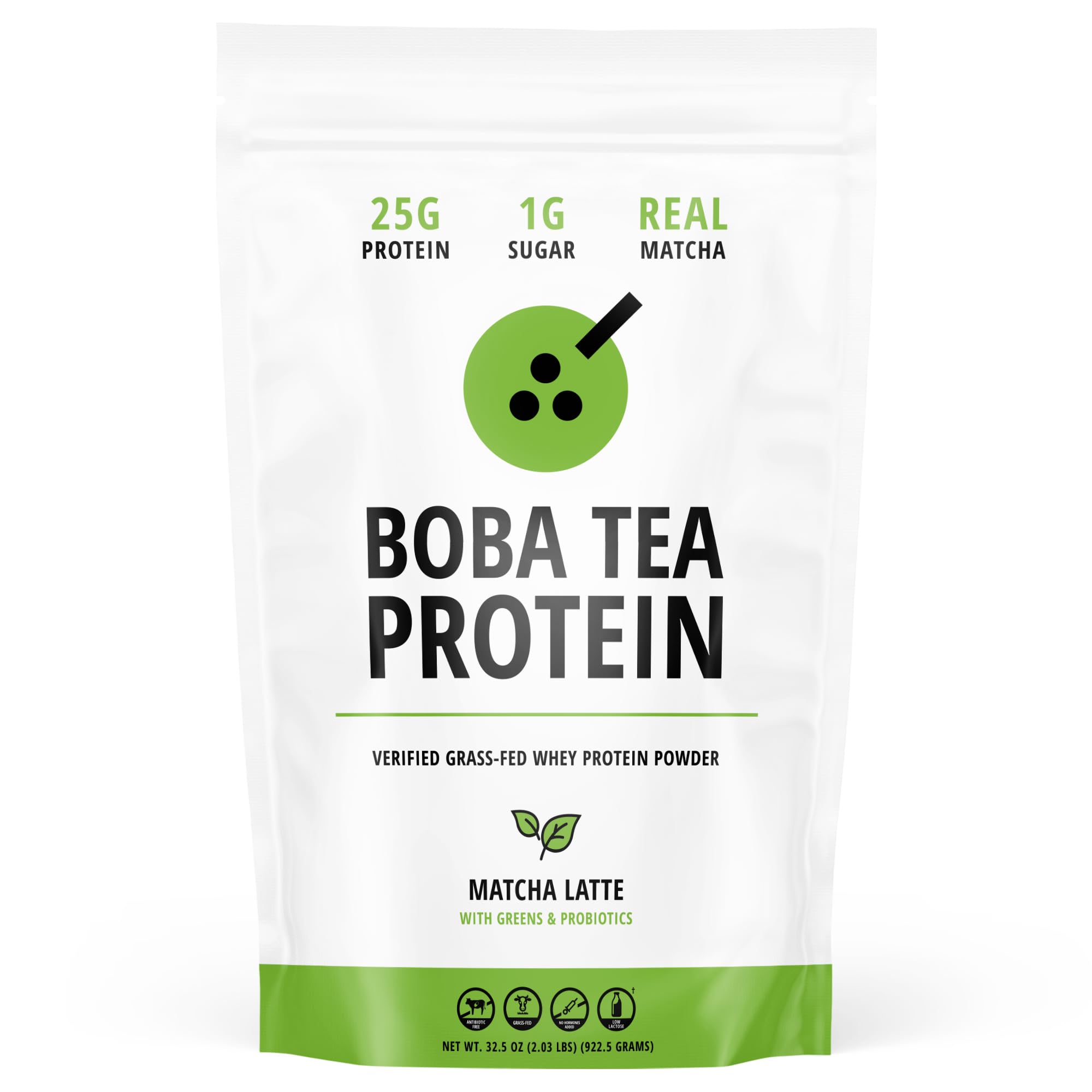 Boba Tea Protein Matcha Latte | 25g Grass-Fed Whey Protein Isolate Powder | Gluten-Free & Soy-Free Bubble Tea Protein Drink | Real Ingredients & Lactose-Free Protein Drink | 25 Servings