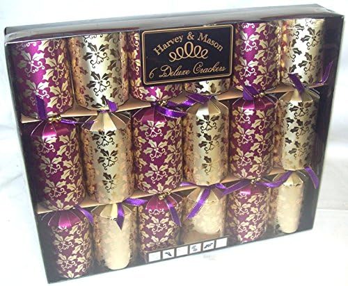 6 Large Deluxe Christmas Dinner Party Crackers Gold & Purple Holly Design