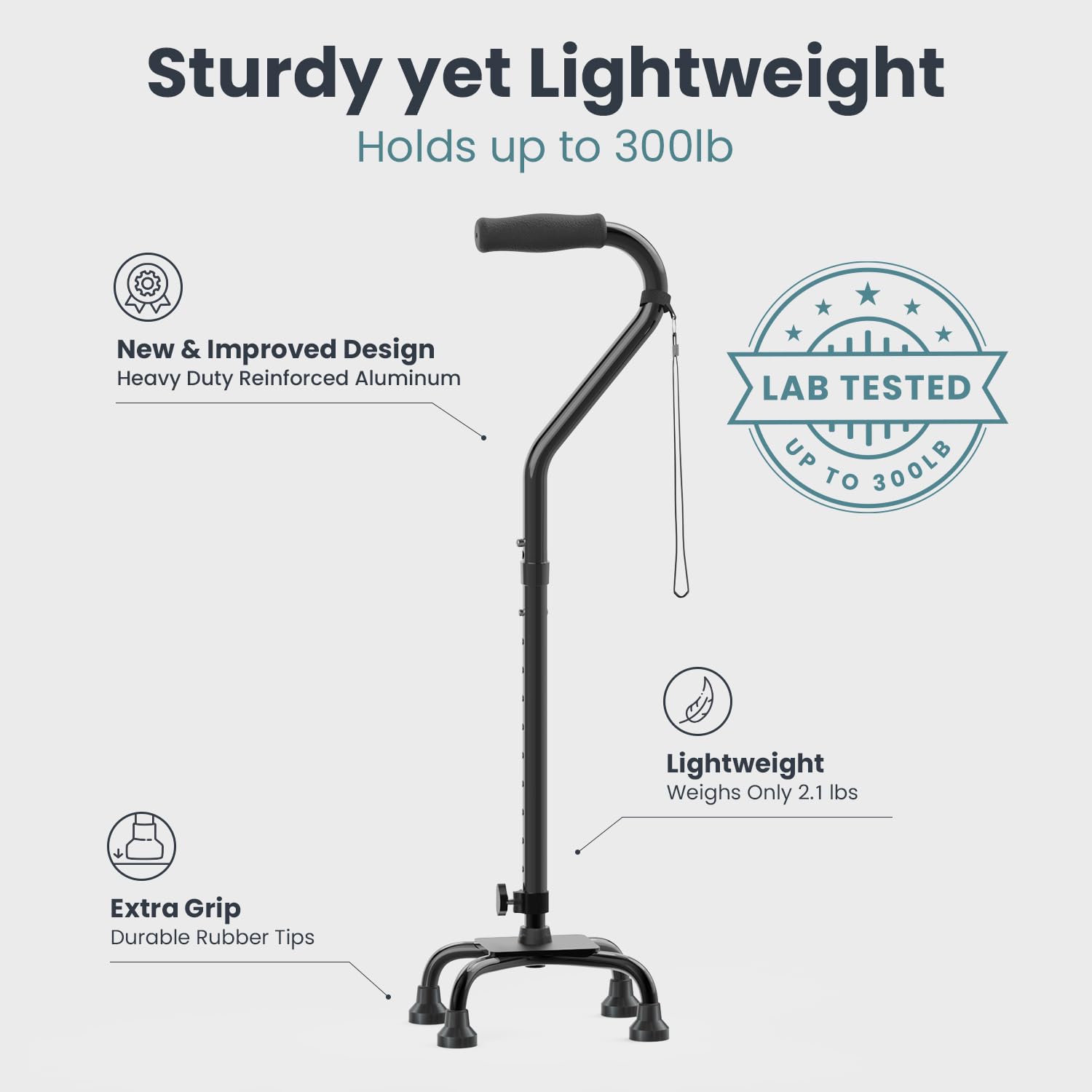 Quad Cane (300 lb) - Adjustable Walking Cane with A Large 4 Pronged Base for Extra Balance & Stability, Walking Canes for Seniors, Walking Cane for Men & Women, Walking Sticks