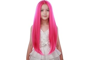 Edivd Child Hot Pink Wig Girls Long Bright Pink Straight Wig Kids Long Kolight Pink Middle Part Wigs Heat Resistant Synthetic Wigs with Cap