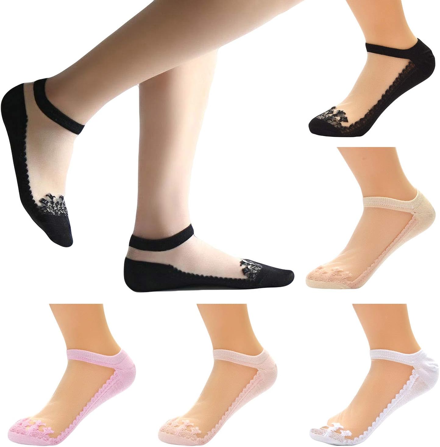 Qunson Women's Ultrathin Lace Sheer Ankle Socks Pack of 5 at Amazon