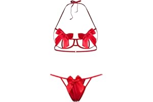 EASYLONGJEE Sexy Womens Exotic Lingerie Sets, Bow Tie Hot Cute Teddy 2 Piece Lingerie Set Christmas Valentines Onesize 2-8