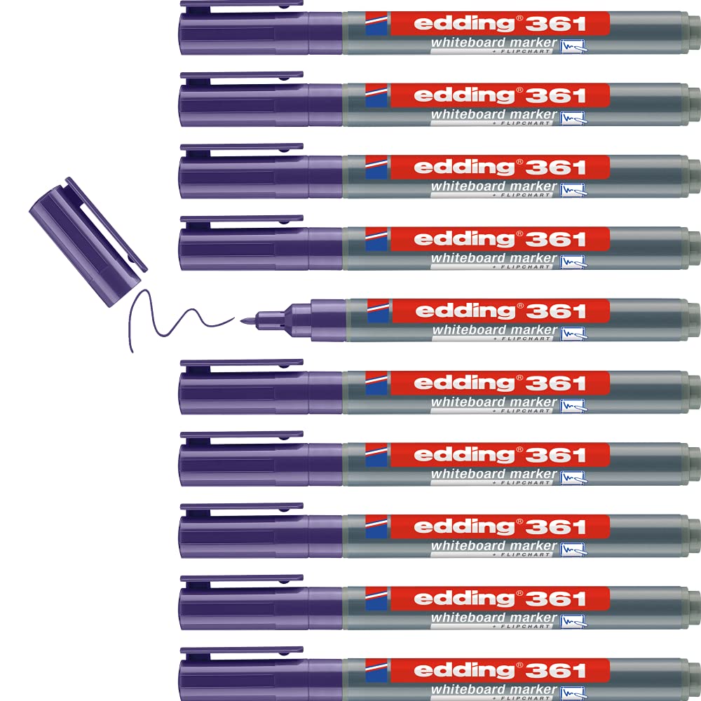 edding 361 whiteboard marker - violet - 10 whiteboard pens - round tip 1 mm - whiteboard pen dry wipe - for whiteboards, flipcharts, pinboards, magnetic and memo boards - sketchnotes