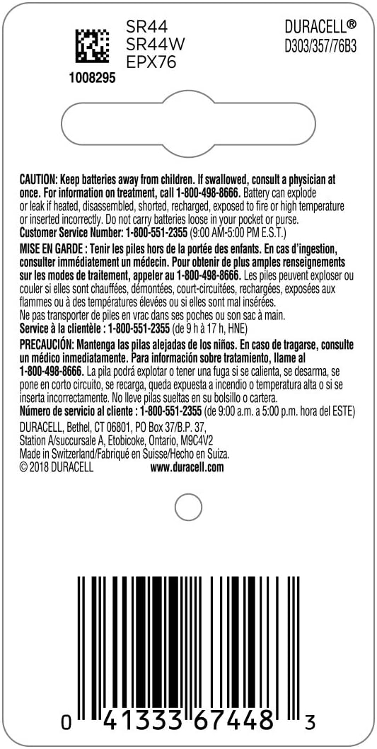 Duracell - 303/357 Silver Oxide Button Battery - long lasting battery - 1 count: Health & Personal Care