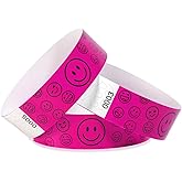 500 Pack Smiley face Paper Wristbands for Events Waterproof Wrist Bands Lightweight Festival Identification Arm Bands Neon Adhesive Event Bracelets for Party（Neon Pink）