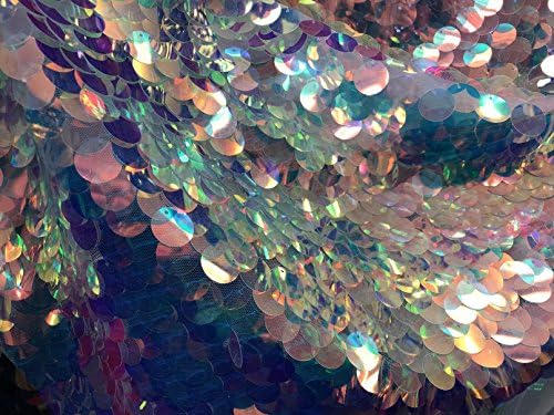 Hologram Iridescent Big Circle Sequins Fabric - Baby Pink Trasparent Blue - Shiny Multi-Color Mermaid Sequins Fabric Sold by The Yard