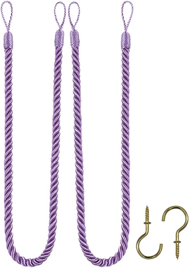 Home Queen Rope Tie Backs for Window Curtain with 2 Hooks, Hand Knitting Buckle Cord Drapery Holdbacks, Set of 2, Lilac