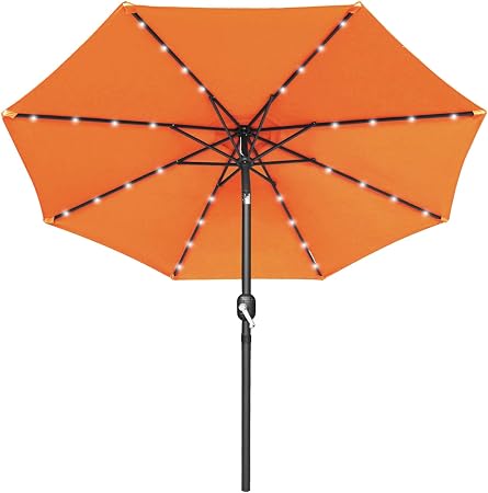 Amazon Com Mastercanopy 9ft Solar Umbrella 32 Led Lighted Patio Umbrella Table Market Umbrella With 8 Sturdy Fe Ribs 9ft Orange Garden Outdoor