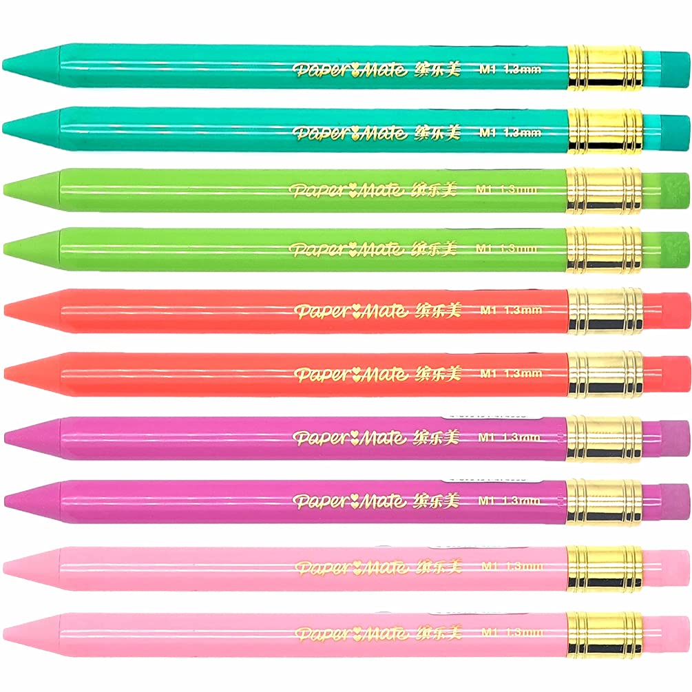 10 x PaperMate ‘MATES’ Handwriting Triangular Mechanical Pencil with Eraser, Thick 1.3mm Lead, Assorted Solid Colours - Loose in Plain Packaging [ASIA IMPORT]