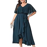 Women Plus Size Long Formal Dress Short Sleeve Chiffon Ruffle V Neck High Low Split Wedding Guest Maxi Dresses