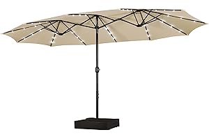 Yaheetech 15 ft Large Patio Umbrella with Solar Lights Double-Sided Outdoor Rectangle Market Umbrellas with 36 LED Lights/Base Included/Crank for Patio Garden Yard Pool, Tan