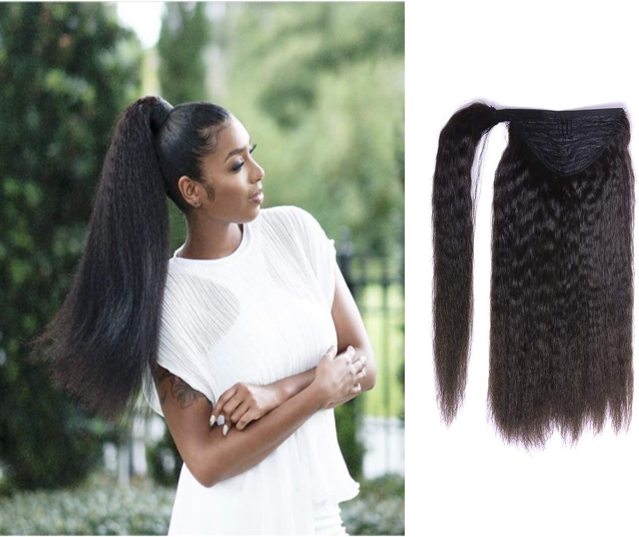 Loxxy Kinkys Straight Ponytail Remi Human Hair Ponytail For Black Women Wrap Around Natural Black 1B Color Kinkys Straight Ponytail With Clip Human Hair Ponytail Extensions 100g Per Piece 16Inch