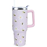 Xchearser 40 oz Cute Daisy Bee Tumbler with Handle and Straw, Stainless Steel Insulated Cup with Lid and Straw, Travel Mug Water Bottle, Gifts for Women