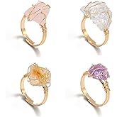 WEIMU 4 PCS Chakra Crystal Rings, Adjustable Wire Wound Healing Crystal Rings, Irregular Color Gemstone Statement Rings for Women