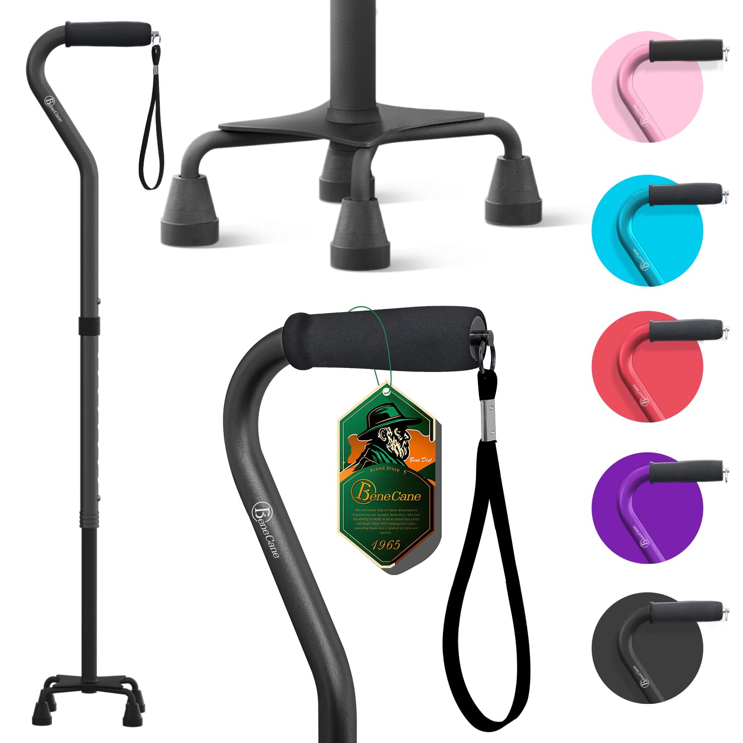 BeneCane Walking Stick Quad Cane for Men and Women,Adjustable Walking Cane with 4-Pronged Base for Extra Stability,Offset Soft Cushioned Handle for Men & Women