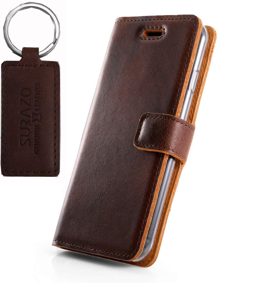 SURAZO Case Designed for Galaxy S10 Plu, Leather Keychain, RFID, Real Leather Phone Cover Handmade in EU, Wallet Type, Card Slots, Secure Closure, Stand Function, Western Dark Brown