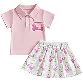 KtwHarnu Toddler Baby Girl Golf Outfit Hole in One Golf Collar Button Up T Shirt Top Pleated Skirt Set 2 Piece Summer Clothes