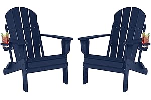 Adiromoti Folding Adirondack Chairs Set of 2, All-Weather Resistant HDPE Patio Firepit Chairs, Sturdy Outside Chairs with Cup Holder, Lawn Chairs, 80% Pre-Installed Load Capacity 385lb, Navy Blue
