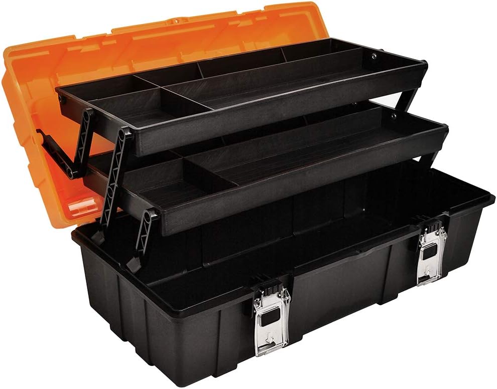 17-Inch Multi-Purpose 3-Layer Toolbox with Tray and Dividers, Household Plastic Tool Organizers, Orange Folding Storage Box - - 