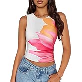 ZESICA Women's 2026 Summer Sleeveless Floral Tank Tops Mesh Y2K Crop Going Out Outfits Beach Vacation Trendy Clothes