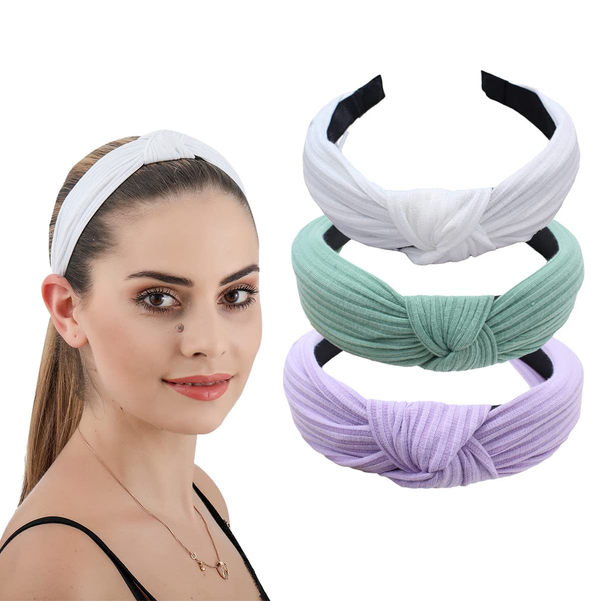 3 Pack Headbands for Women and Girls Flower Printed Knotted Plastic Head Band Fashion Boho Wide Hairbands Non Slip Hair Accessories 1804