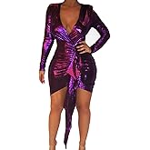 BestGirl Women's Sexy Dress Deep V Neck Long Sleeve Ruched Sparkly Bodycon Club Mini Dresses