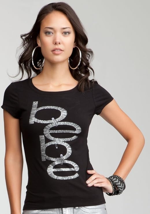 BB Bebe Logo Safety Pin Tee Logo Blk-m at Amazon Womenâs Clothing store: Fashion T Shirts