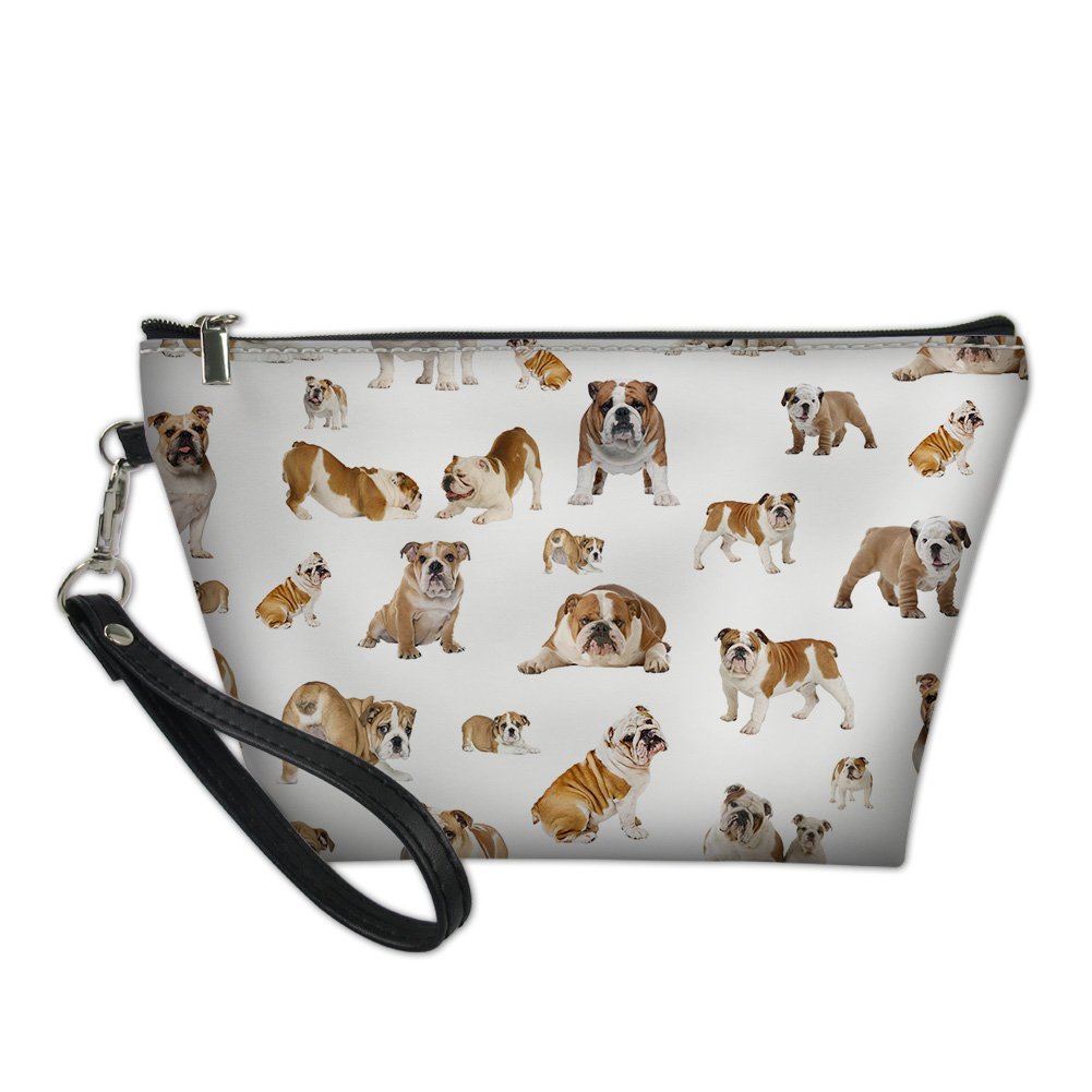 HUGS IDEA British Bulldog PU Leather Toiletry Bag Travel Portable Handle Cosmetic Pouch Waterproof