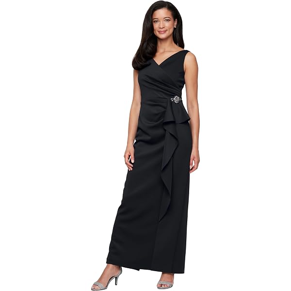 drapey jersey boatneck dress with ruffle skirt Betsy & Adam Women's Long Bodycon Sleeveless Boat Neck Evening Gown with  Side Slit Ruffle, Black, 2P at Amazon Women's Clothing store