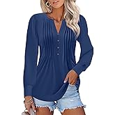 TICTICMISS Women's Puff Long Sleeve Tops Pleated V Neck T Shirts Henley Button Tunic Blouses