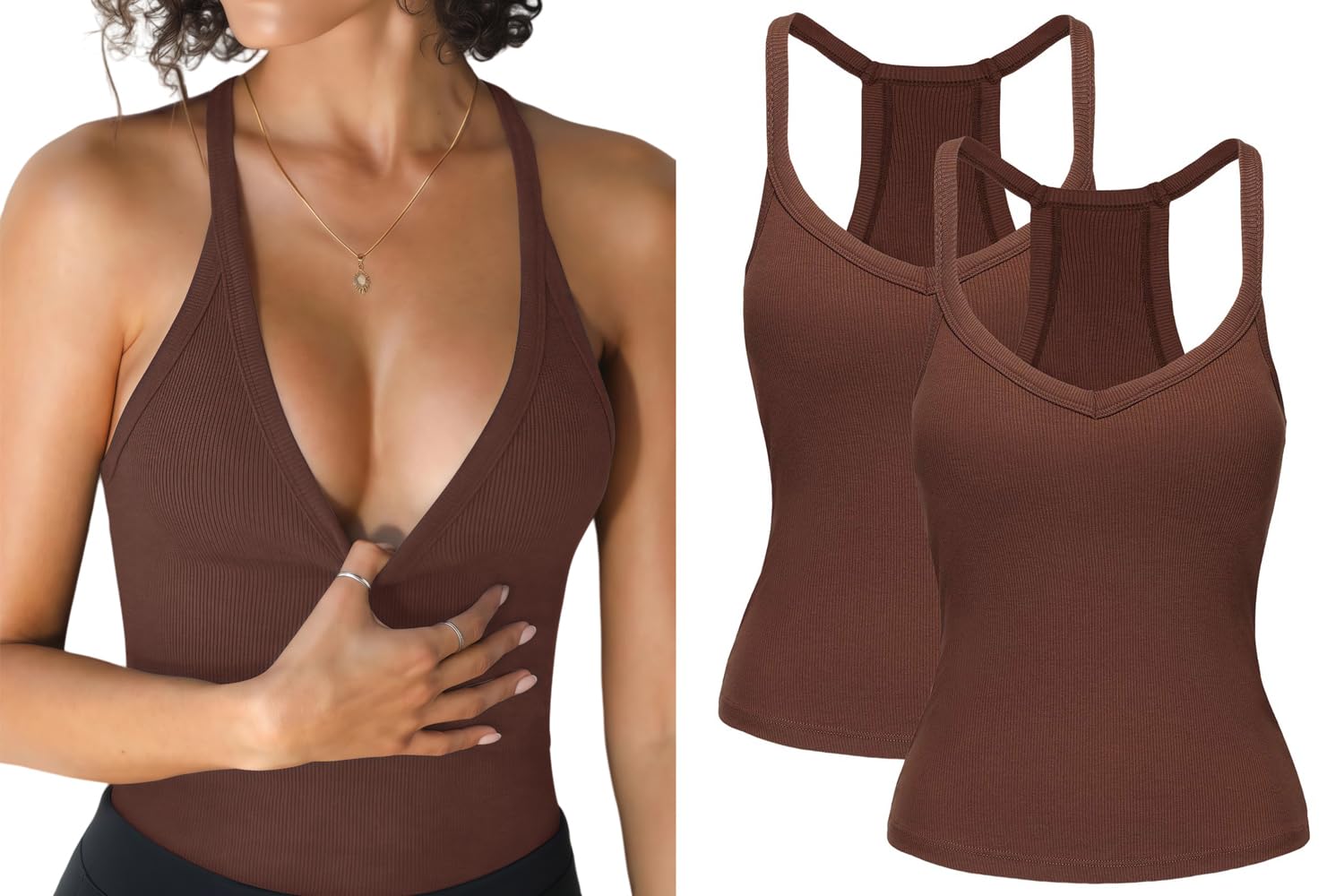 Photo 1 of 2 Pack V Neck Tank Tops for Women Built in Bra Racerback Womens Tank Tops Basics Yoga Ribbed Gym Sleeveless Shirts Brown