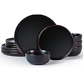 Famiware Mercury Plates and Bowls Sets, 12 Pieces Stoneware Dinnerware Sets, Dishes Set for 4, Microwave and Dishwasher Safe, Black