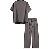 Songling 2 Piece Sets For Women Short Sleeve Pullover Tops and Wide Leg Pants Travel Lounge Matching Set With Pockets(Dark-Gray,L)