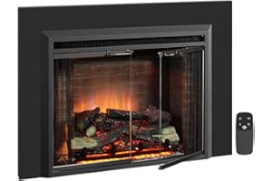 PuraFlame Klaus 30” Electric Fireplace Insert with Trim Kit, Fire Crackling Sound, Resin Log, Glass Door and Mesh Screen, 750/1500W heater, Black