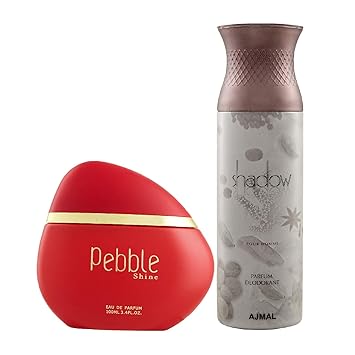 Maryaj Pebble Shine Eau De Parfum Floral Fruity Perfume 100ml for Women and Ajmal Shadow Homme Deodorant Citrus Woody Fragrance 200ml for Men + 2 Parfum Testers FREE