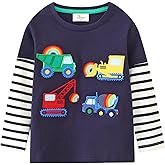 Toddler Baby Boy Embroidered Graphic Long Sleeve T-Shirt Excavator Tops Kids Striped Tees for 2-7T