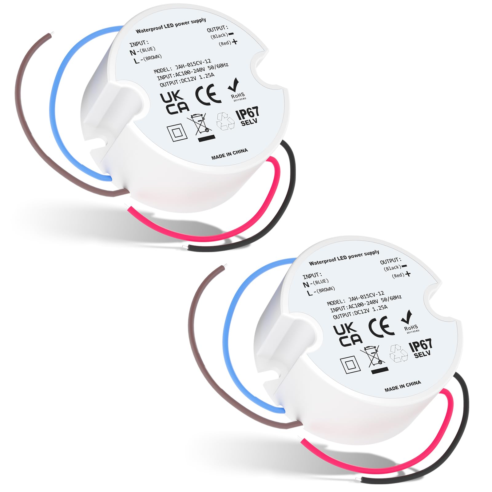 Noobibaba 12V LED Driver IP67, 12V Transformer 15W 1.25A, Waterproof Small LED Driver 240V to 12 Volt for Kitchen Under Cabinet Light Strips, 2 Pcs