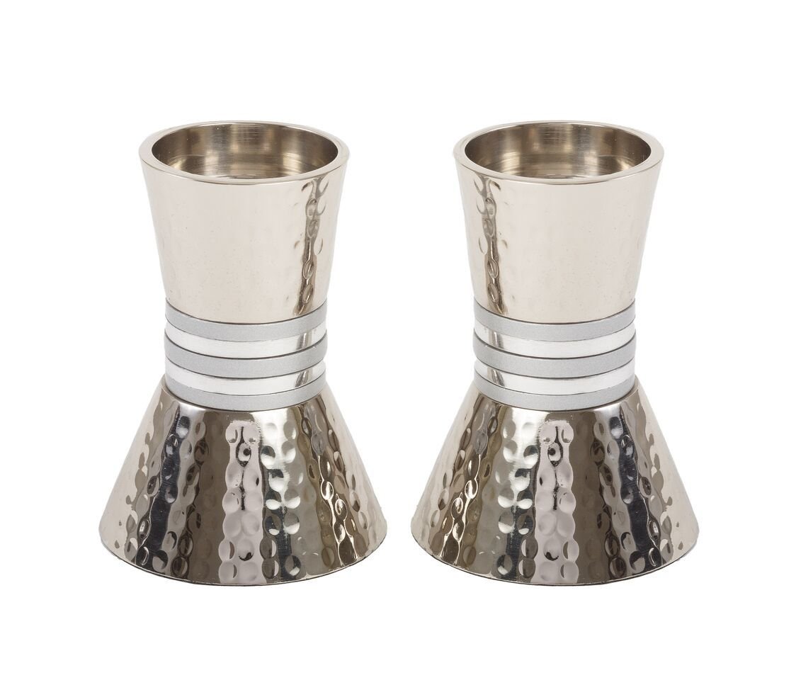 Yair Emanuel Shabbat Sabbath Candlesticks Hammered Metal Designed with Colored Rings 4" (Silver Rings) Judaica | CA-4