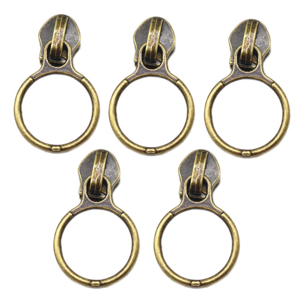 YaHoGa 50PCS Anti-Brass Ring Pulls for #5 Nylon Coil Zippers Antique Brass Zipper Sliders for Luggages Purses Bags Bulk (Anti-Brass)