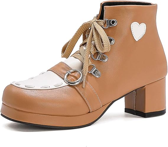 Amazon Lydee 可愛い レディース プラットフォーム ブーティー ミッドヒール レースアップ 戦闘ブーツ アンクルハイブーツ パーティー ショートブーツ コスプレ レース 靴 ハイ トップ Yellow サイズ 39 ブーツ ブーティ