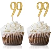 Gold Happy 99th Birthday Cupcake Topper, 24-Pack Number 99 Glitter Birthday Party Cupcake Toppers, Decorations