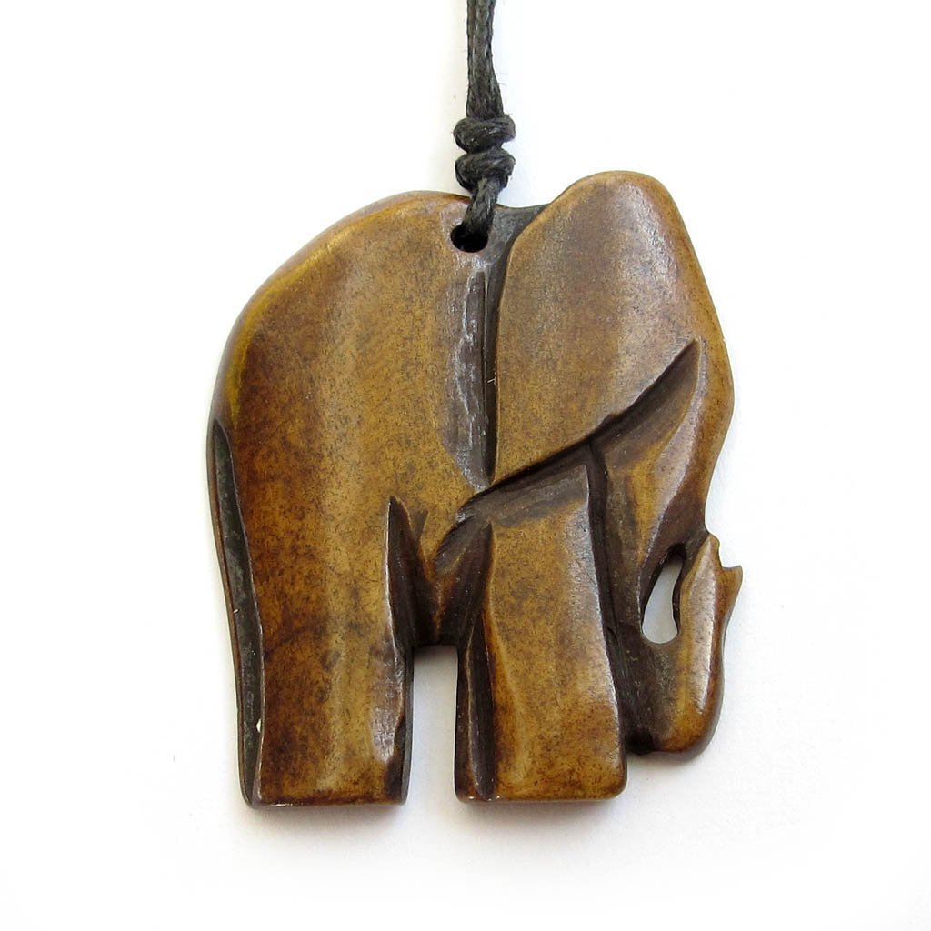 Ox Bone Carved Elephant Pendant Necklace Wooden Elephant