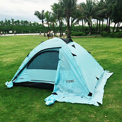 2 Person Double layer Outdoor Sunproof Backpack Camping Tent Two Mesh Doors with Snow Skirt Waterproof Flysheet (Orange Dark Orange and Green Color) (Blue)