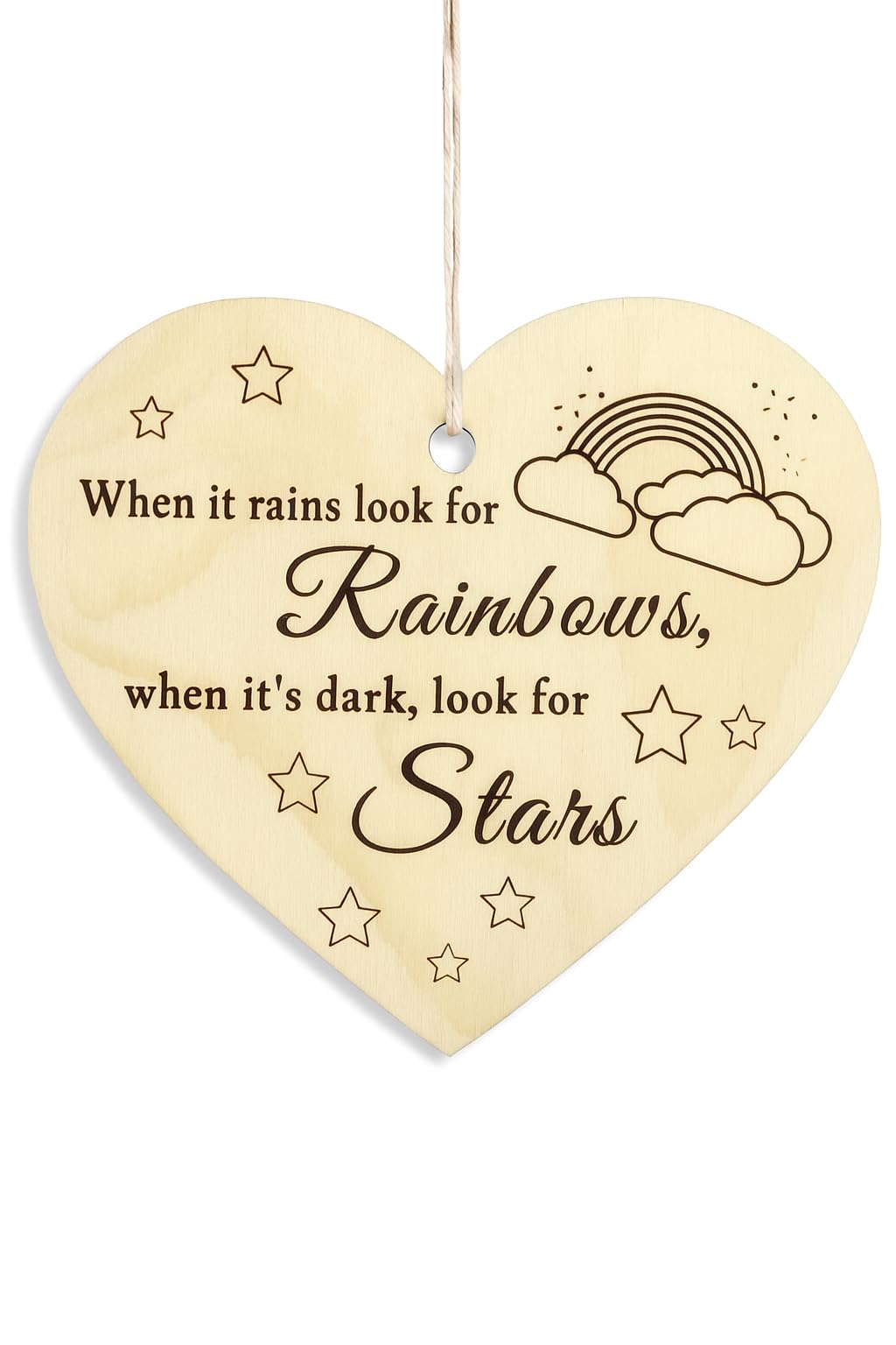 When it Rains Look For Rainbow Wooden Hanging Heart Plaque Positive Gift for Your Friend Heart Wooden Sign Friendship Quote Motivation Gift FBA